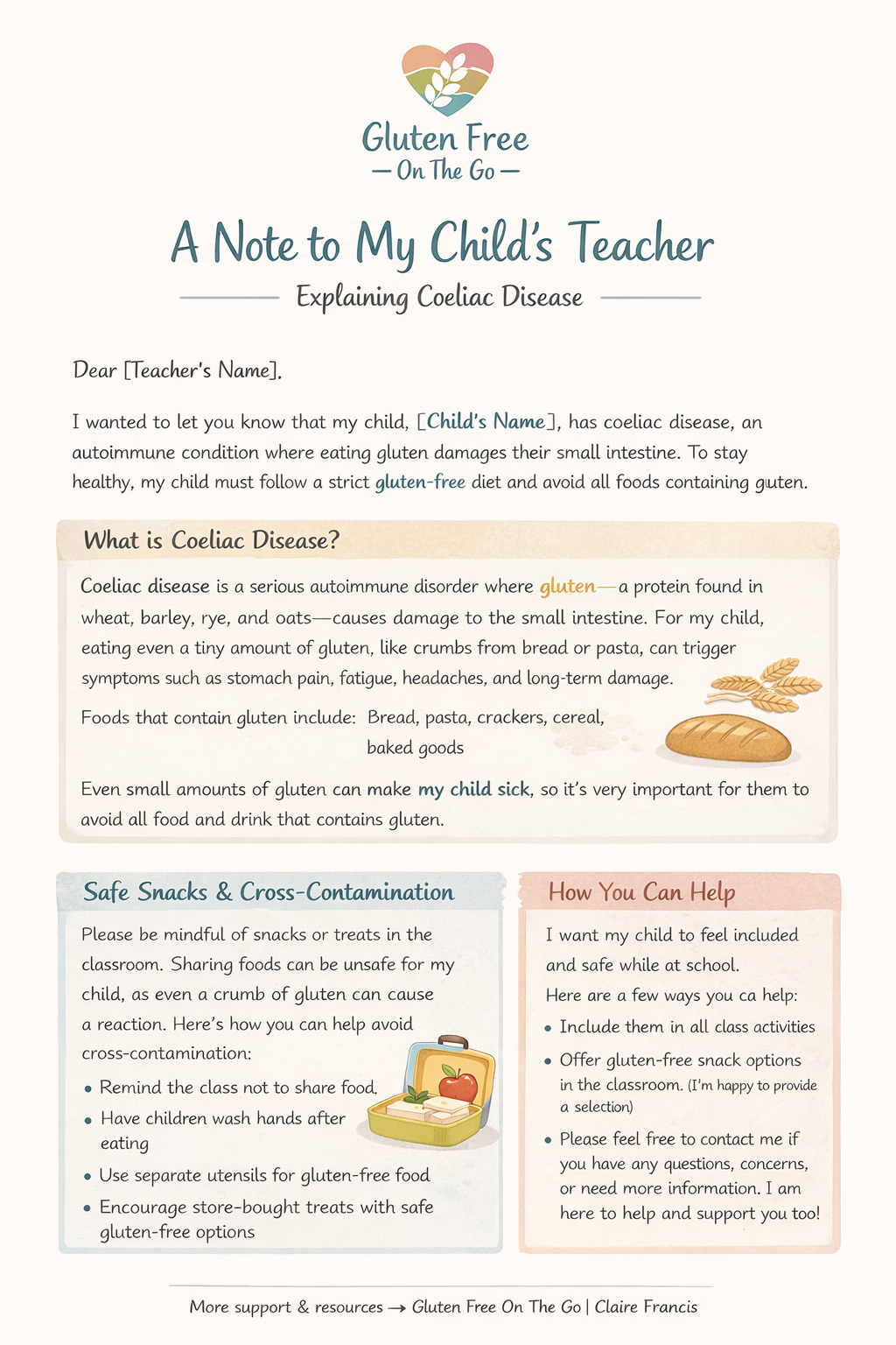 Coeliac School Safety Pack for  Parents & Teachers
