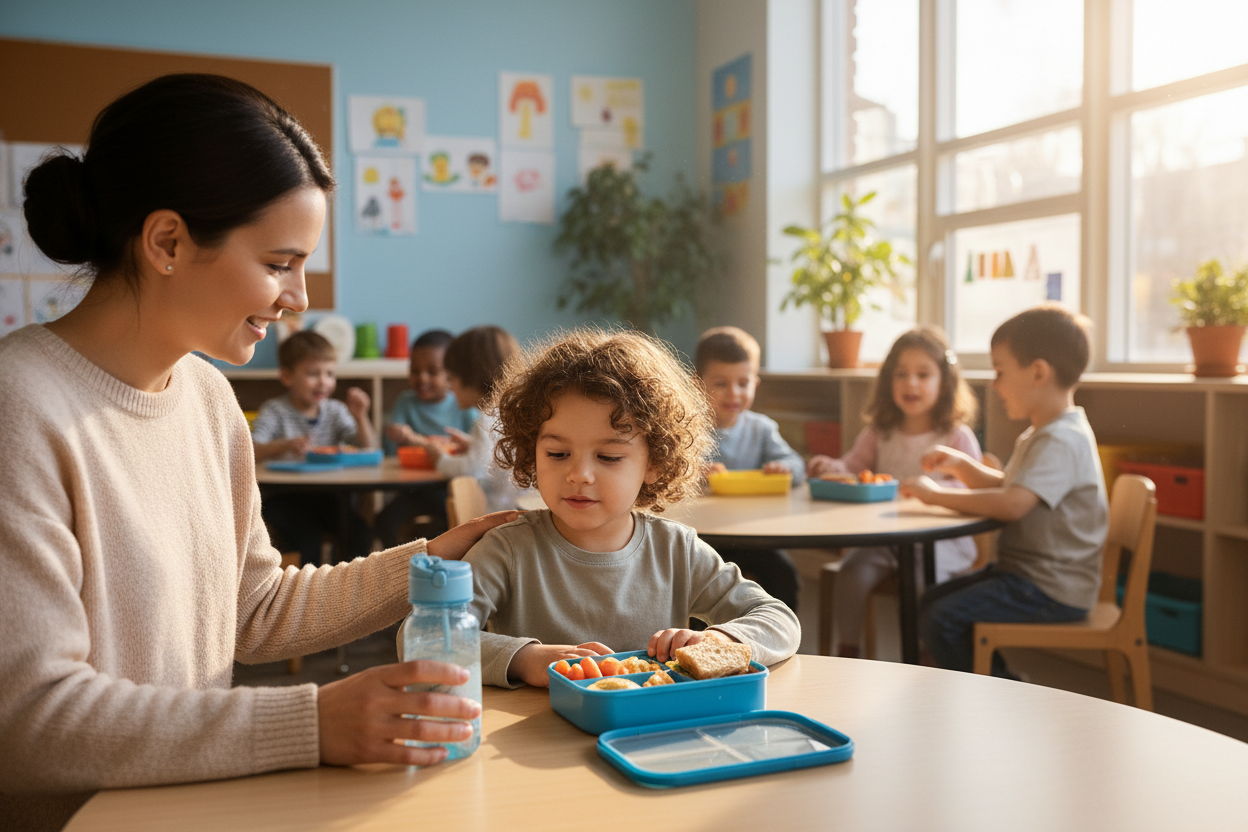 Coeliac child with safe gluten free lunchbox at school
