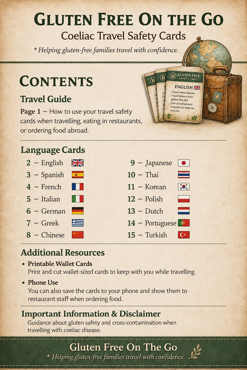 Gluten Free Travel Cards | 14 Language Coeliac Translation Pack